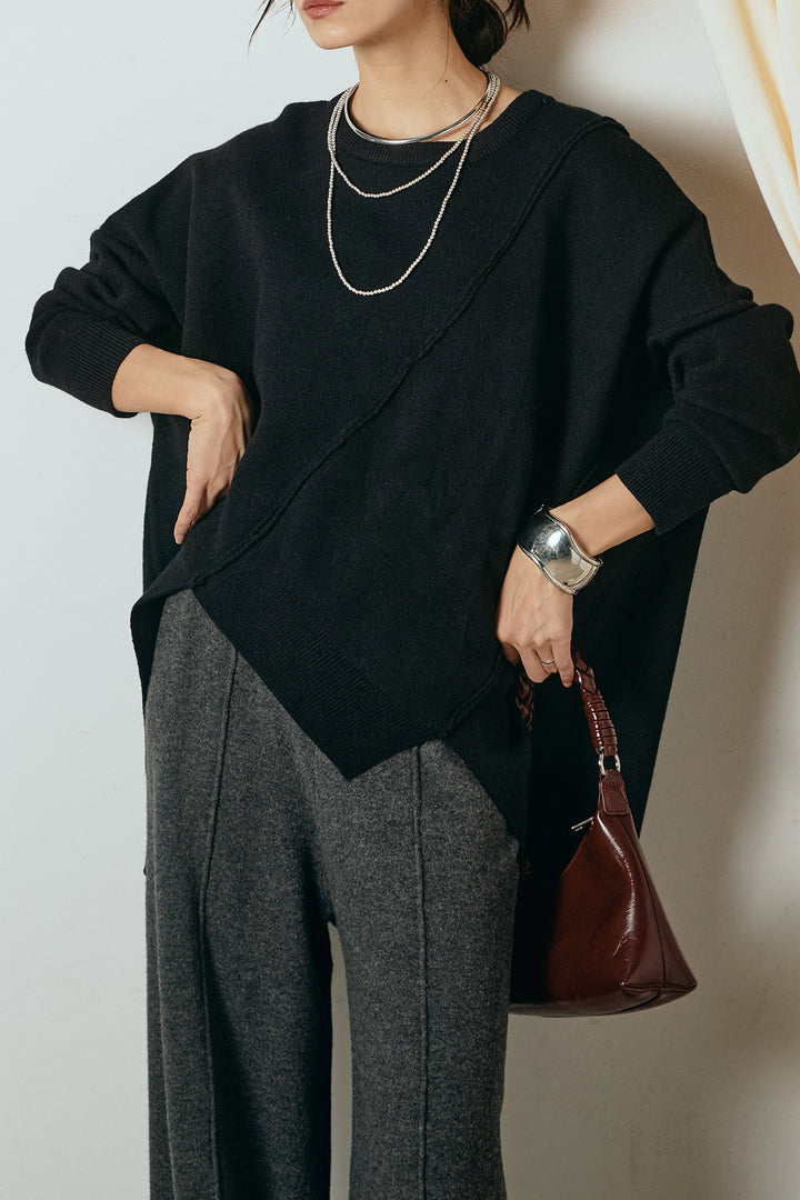 [SET]アシンメトリーデザインニットトップス+センターラインニットパンツ(2set)