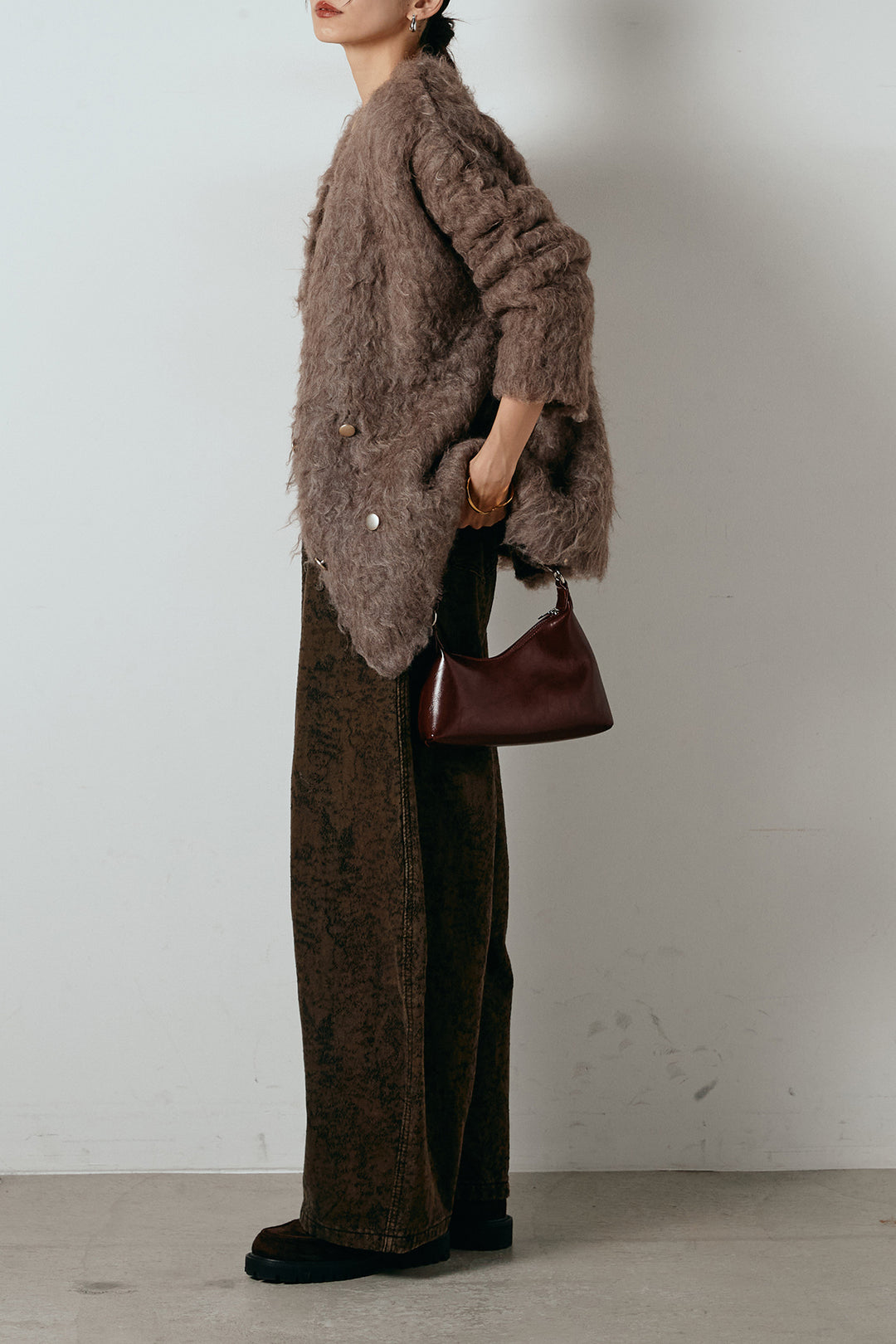 [SET]ウェーブシャギーニットジャケット+ベルト付きニュアンス柄カーブワイドパンツ(2set)