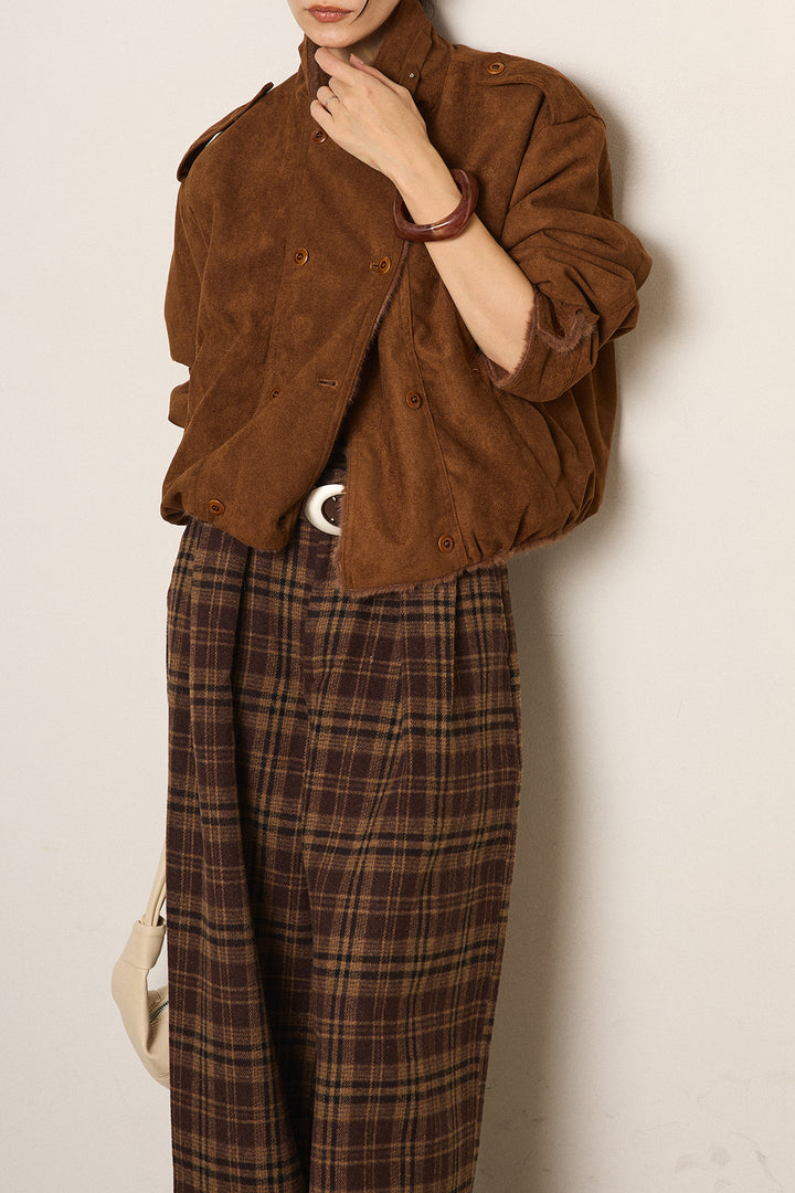 [SET]スタンド襟スウェードライクアウター+スタッズデザインベルトタータンチェックパンツ(2set)