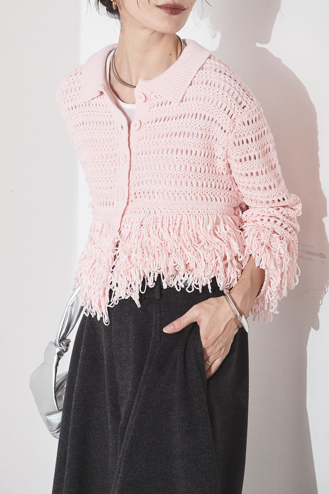 [SET]メッシュフリンジカーディガン+ウールタッチカーブワイドパンツ(2set)