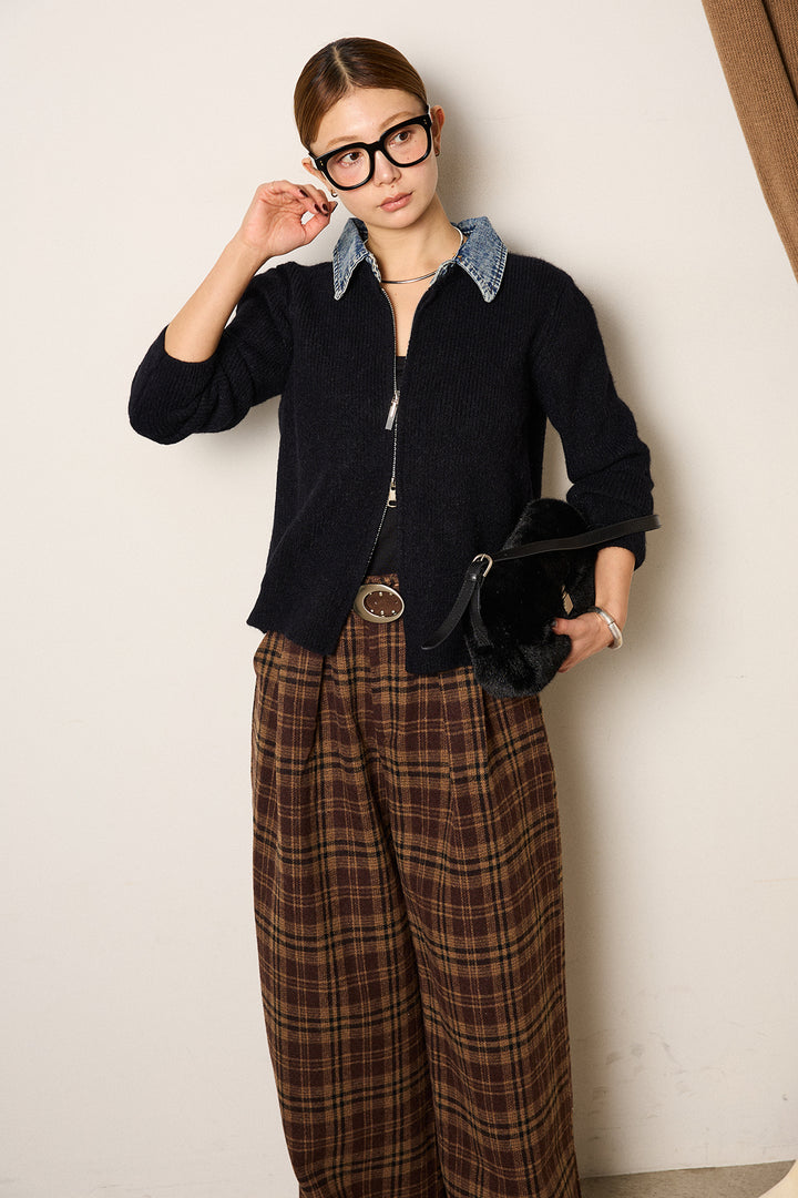 [SET]デニム襟ダブルジップニットトップス+スタッズデザインベルトタータンチェックパンツ(2set)