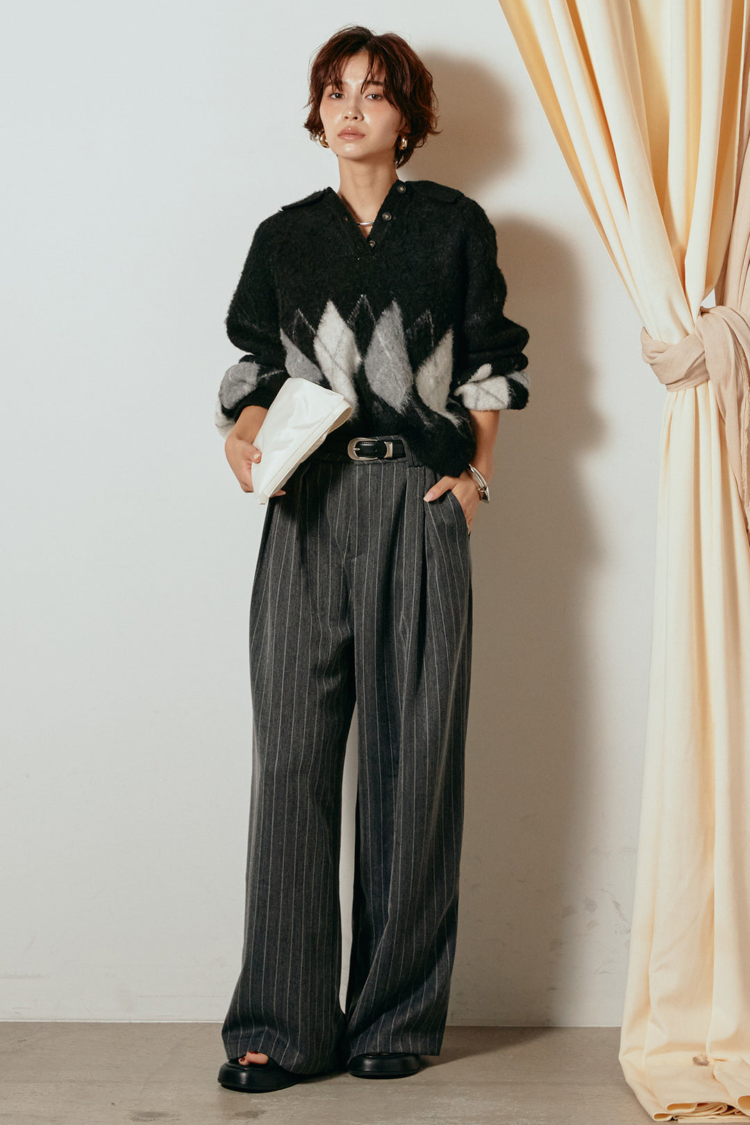 [SET]アーガイル柄ポロニットトップス+ストライプヘリンボーンパンツ(2set)