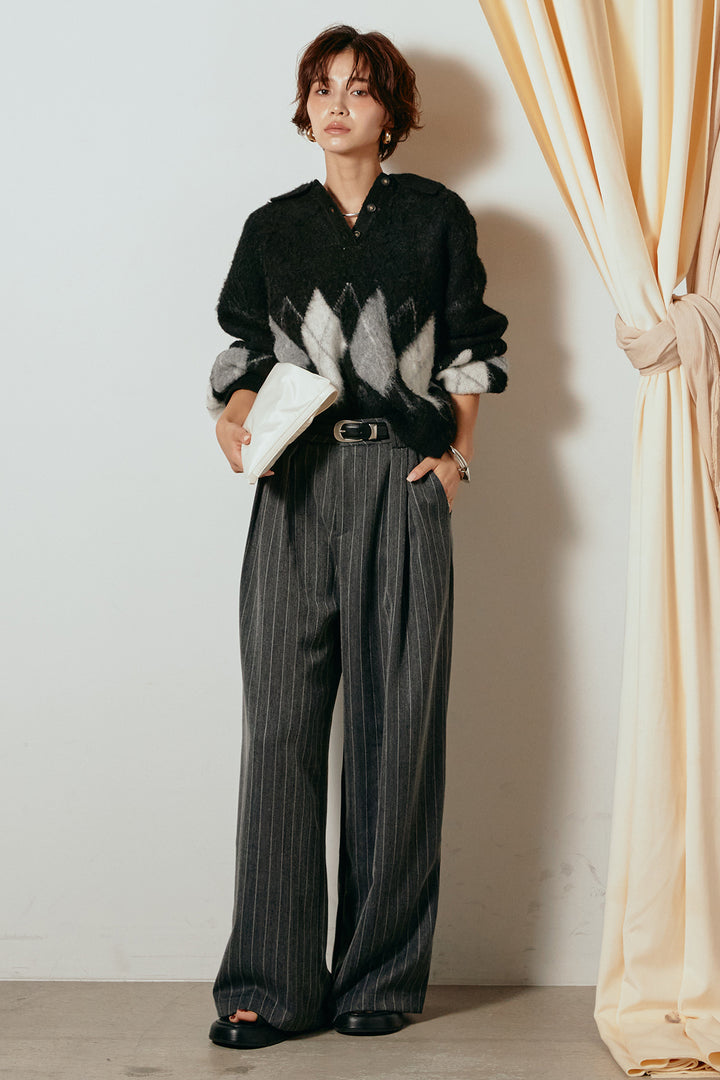 [SET]アーガイル柄ポロニットトップス+ストライプヘリンボーンパンツ(2set)