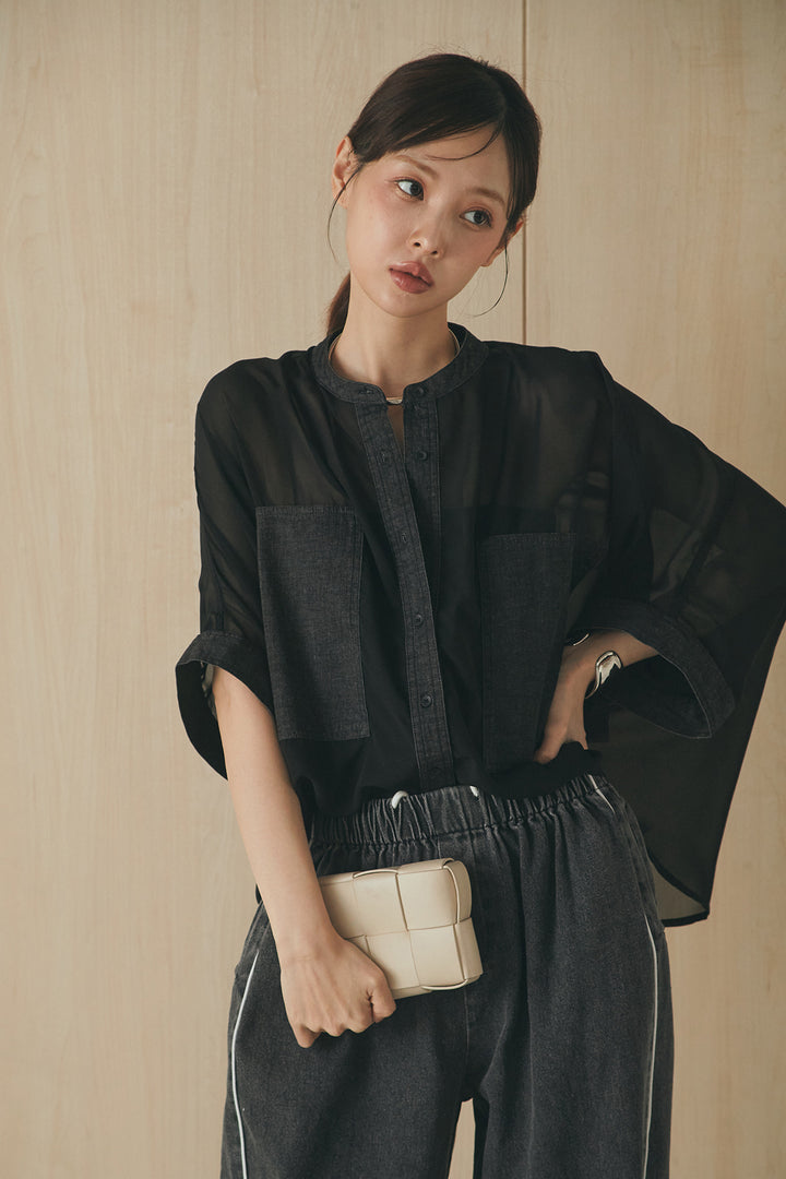 [SET]デニムライクビッグツーポケシアーシャツ+ドロストサイドラインデニムパンツ(2set)