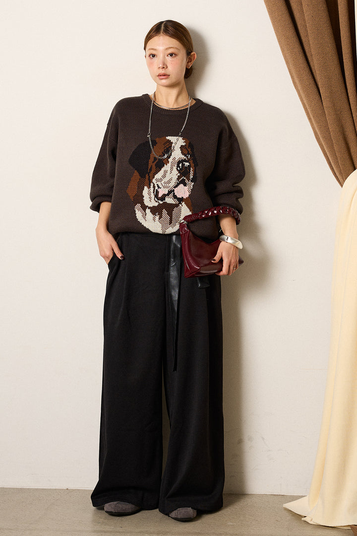 [SET]アニマルジャガード柄ニットトップス+巻ベルトウエストレザーライクワイドパンツ(2set)