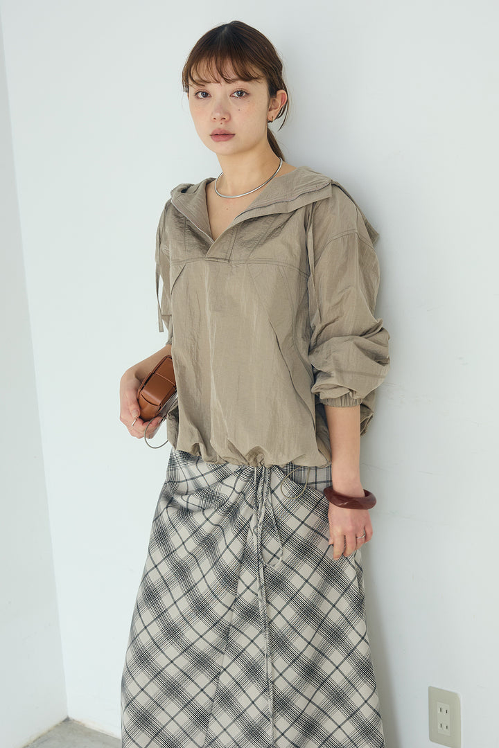 [SET]ナイロンフーディーブルゾンアウター+タータンチェック柄フロントデザインスカート(2set)