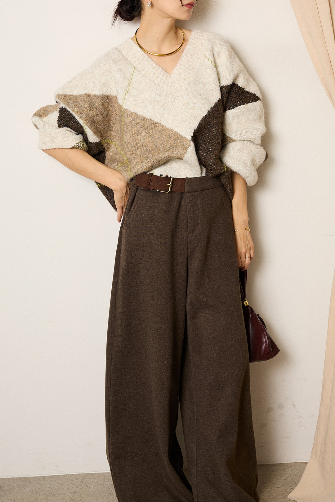 [SET]ルーズアーガイルVネックニット+サイドベルトパンツ(2set)