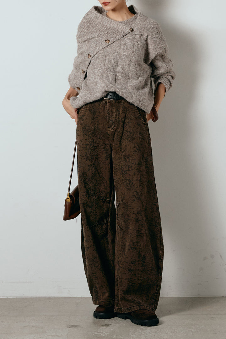 [SET]ケープデザインケーブルニットトップス+ベルト付きニュアンス柄カーブワイドパンツ(2set)