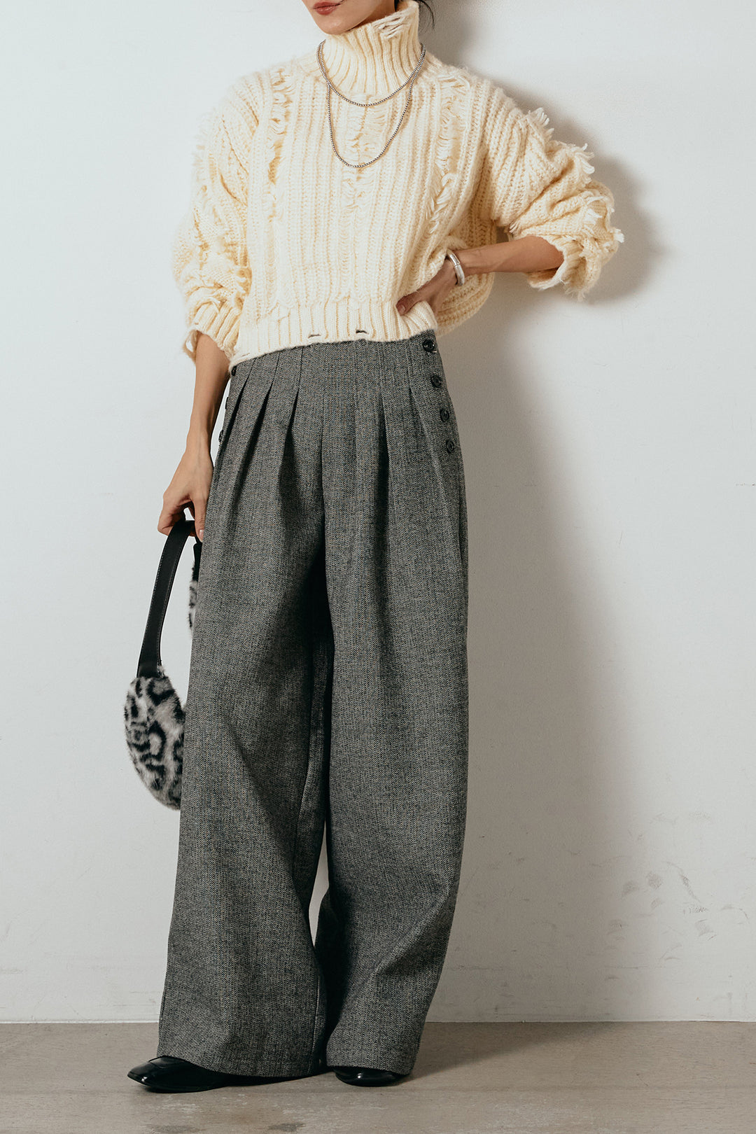 [SET]フリンジタートルショートニット+サイドボタンツイードタックパンツ(2set)