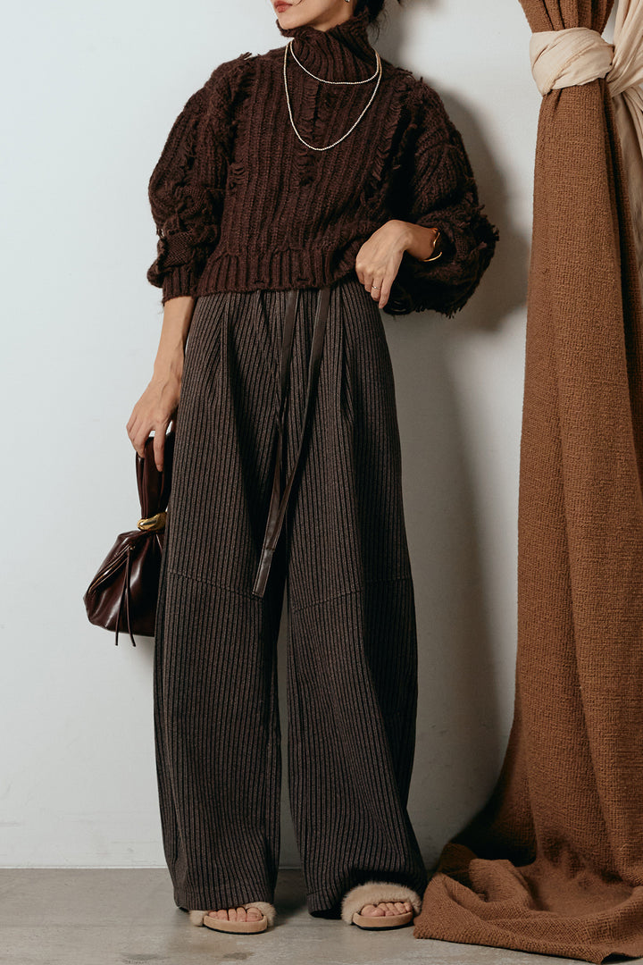 [SET]フリンジタートルショートニット+レザーライク配色ストライプパンツ(2set)