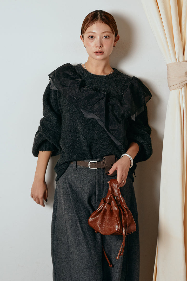 [SET]アシンメトリーフリルニットトップス+ポーチベルト付きカーブパンツ(2set)