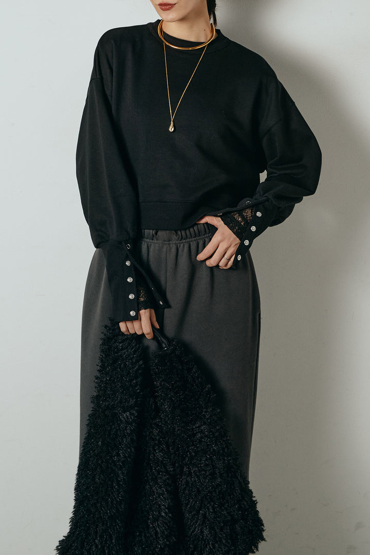 [SET]裏毛バックオープンプルオーバー+ストレッチレースクルーネックインナー+裏起毛スウェットワイドパンツ(3set)