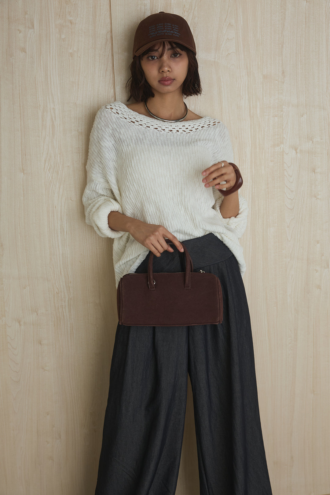 [SET]ネック編みデザインニットトップス+ウエスト折り返しワイドパンツ(2set)