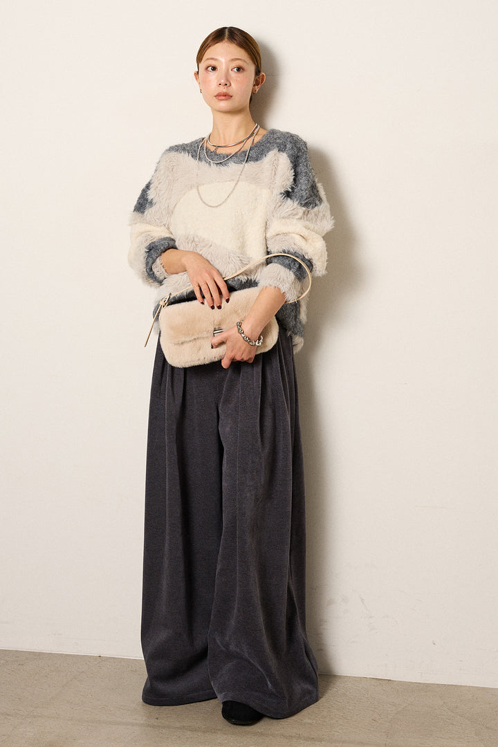 [SET]シャギーウェーブ柄クルーネックニットトップス+ベルトループコーデュロイワイドパンツ(2set)