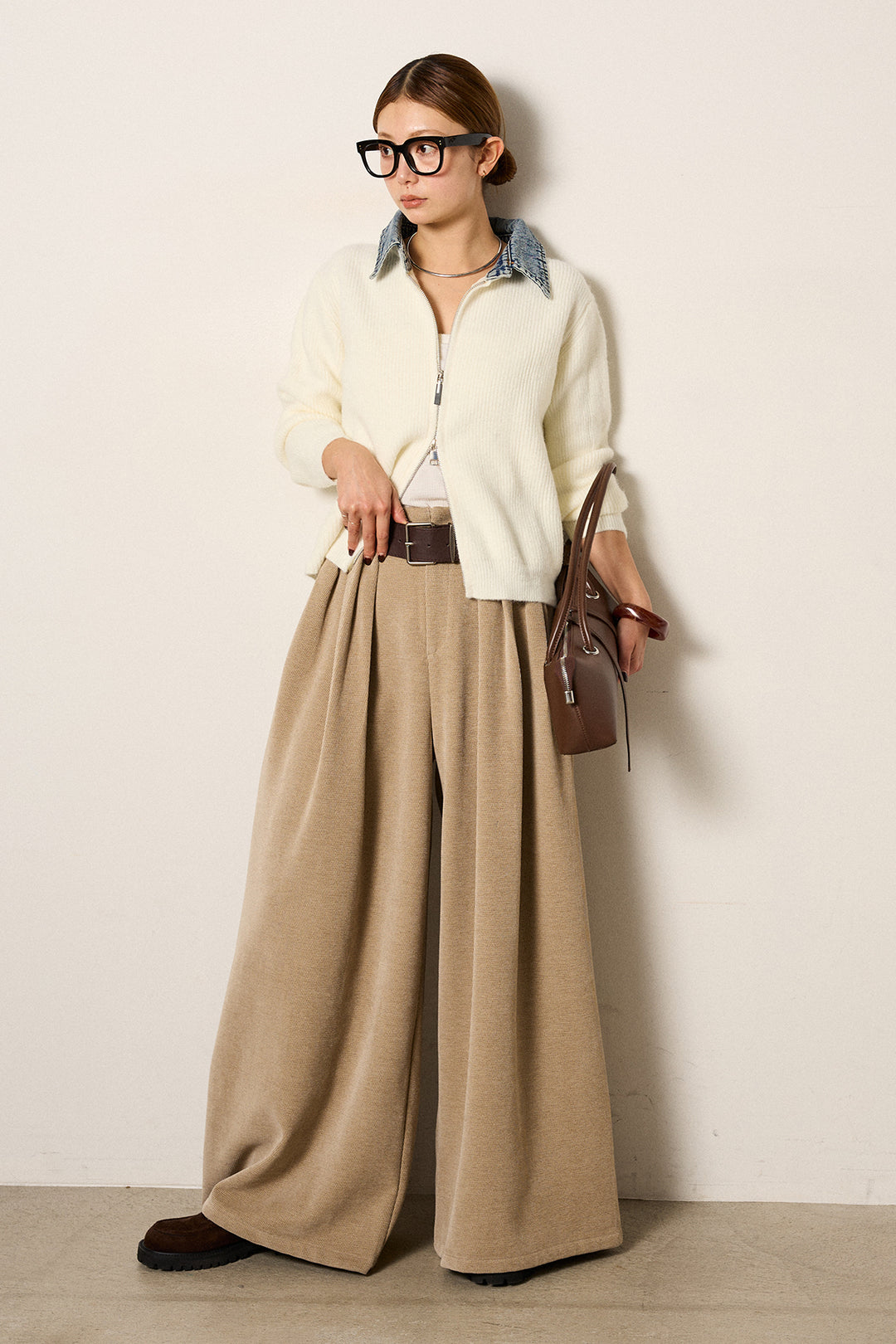 [SET]デニム襟ダブルジップニットトップス+ベルトループコーデュロイワイドパンツ(2set)