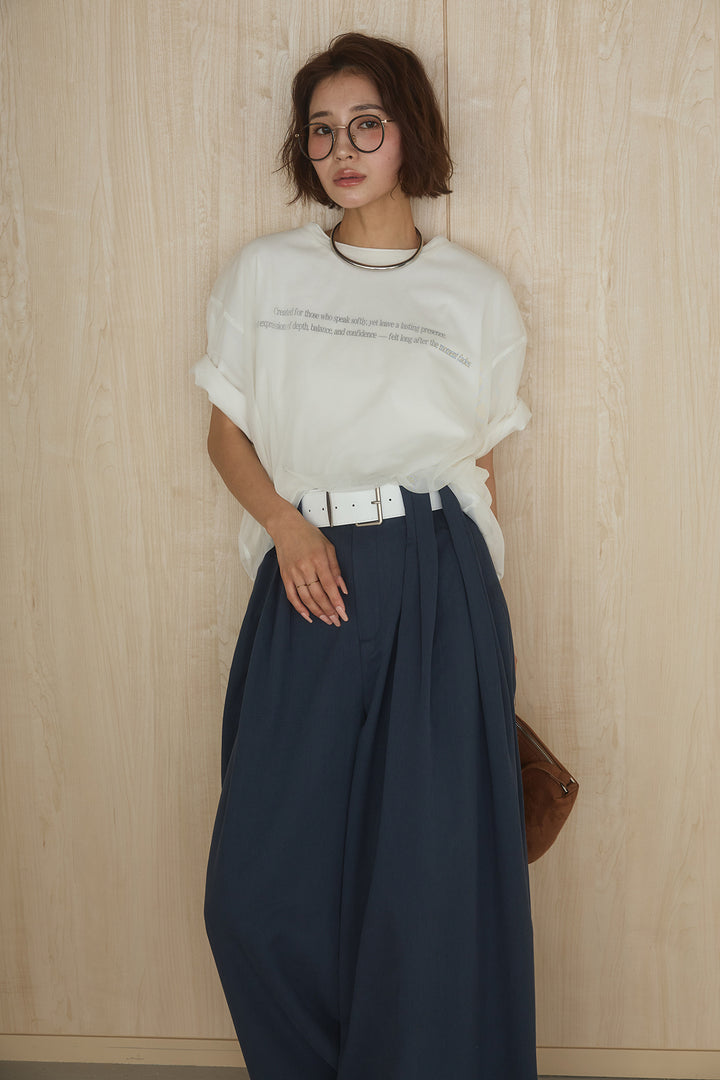 [SET]綿天竺Tシャツ×チュールトップス+ベルト付きビックループワイドパンツ(2set)