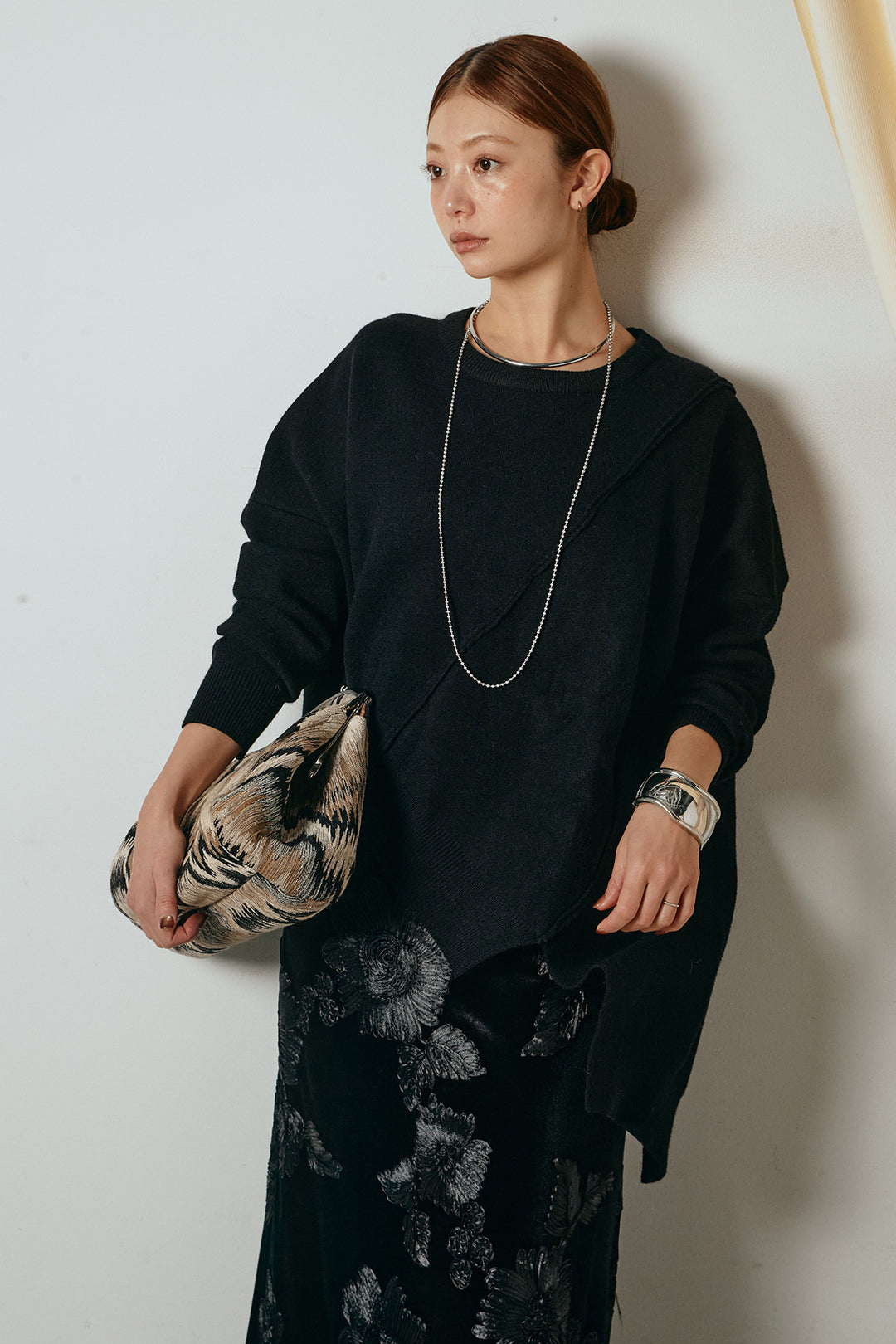 【着回しセット】[SET]アシンメトリーデザインニットトップス+センターラインニットパンツ+フラワー刺繍ワイドスカート(3set)