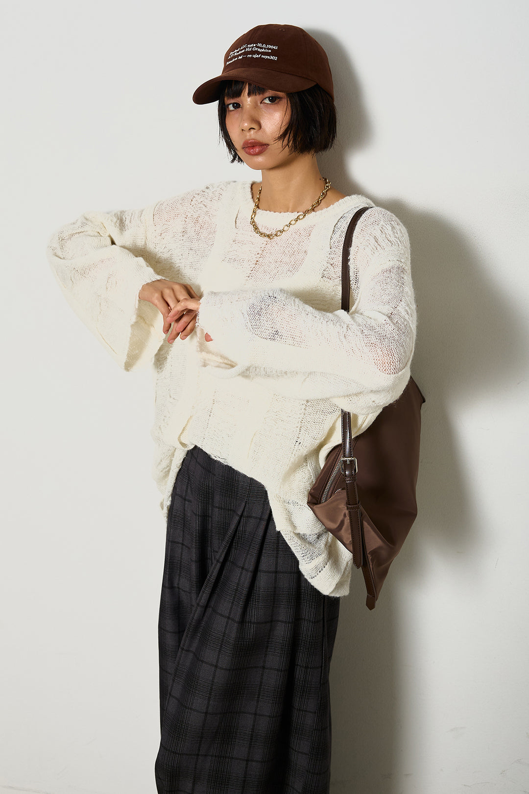 [SET]パターンモヘアローゲージニットプルオーバー+タータンワイドチェックパンツ(2set)