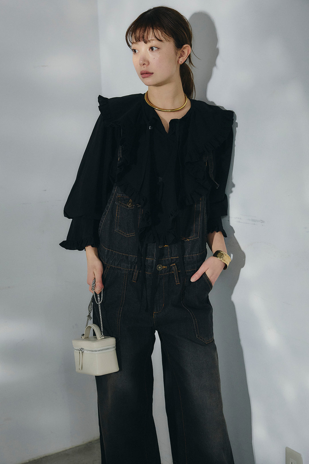 [SET]コットンフリルブラウス+デニムサロペットワイドパンツ(2set)
