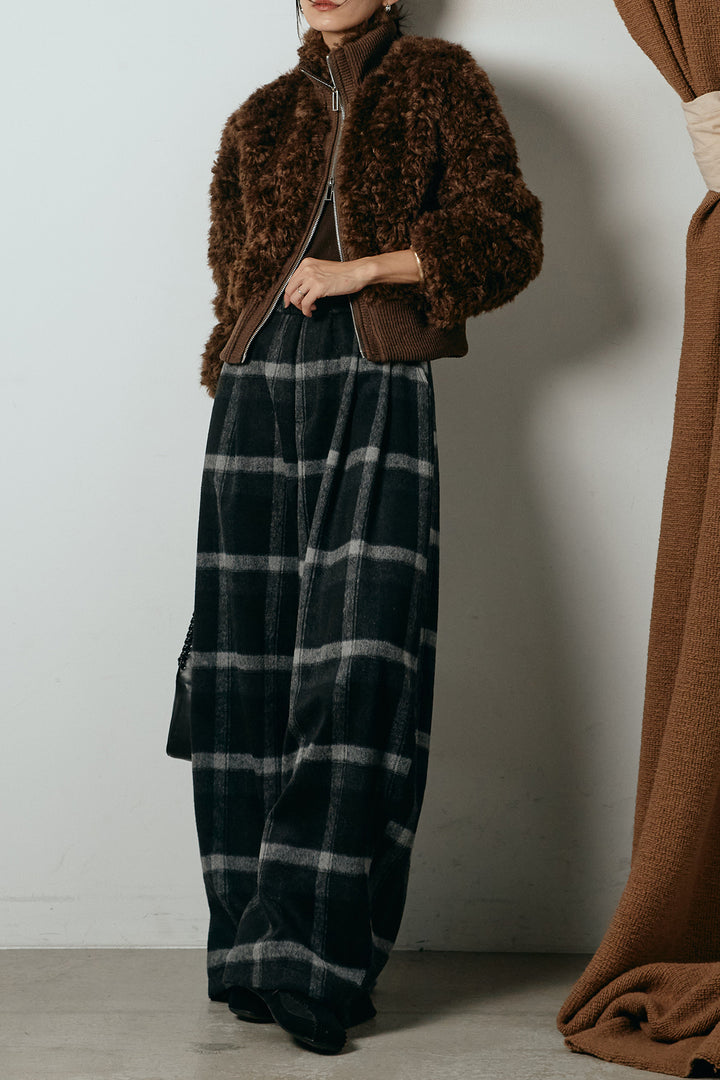 [SET]ハイネックショート丈ボアジップブルゾン+起毛タータンチェック柄ワイドパンツ(2set)