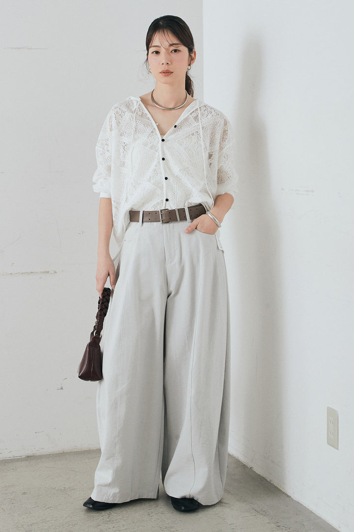 [SET]ブロックレースフード付きブラウス+ベルト付きサイドタックワイドパンツ(2set)