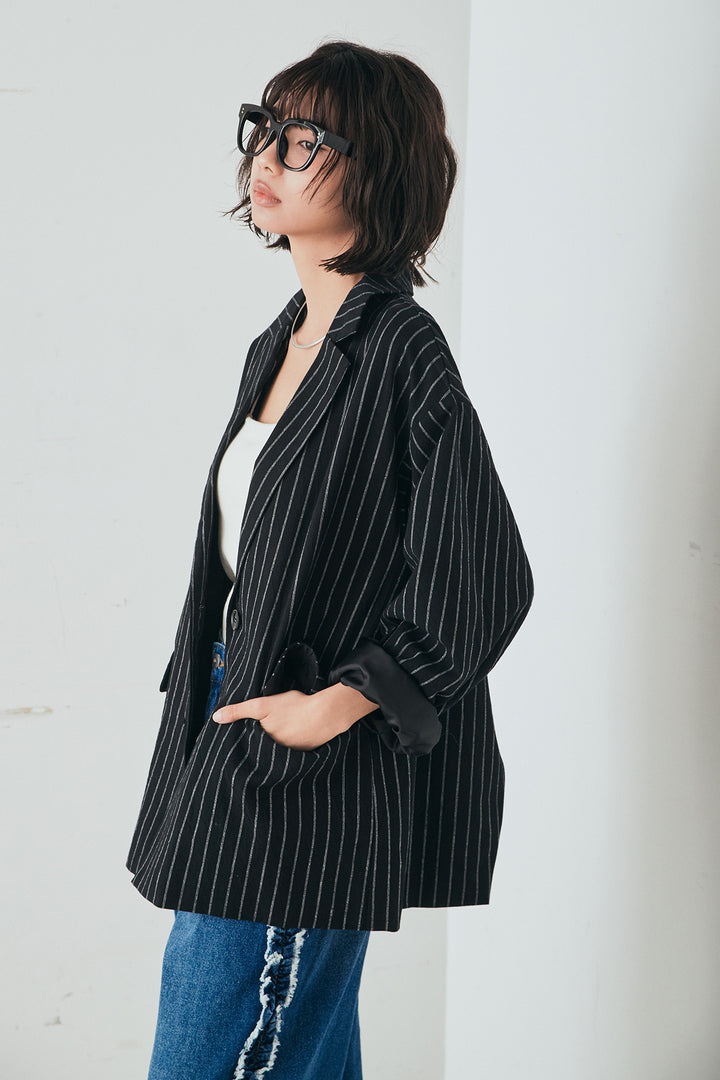 [SET]リネンライクストライプテーラードジャケット+デニムサイドフリルパンツ(2set)