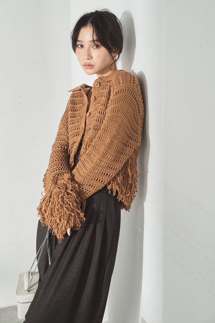 [SET]メッシュフリンジカーディガン+編みベルト付きウエストタックワイドパンツ(2set)