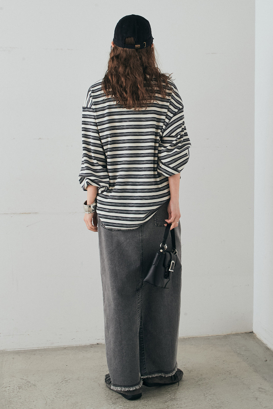 [SET]レースアップワッフルボーダートップス+ウエストクロスデニムタイトスカート(2set)