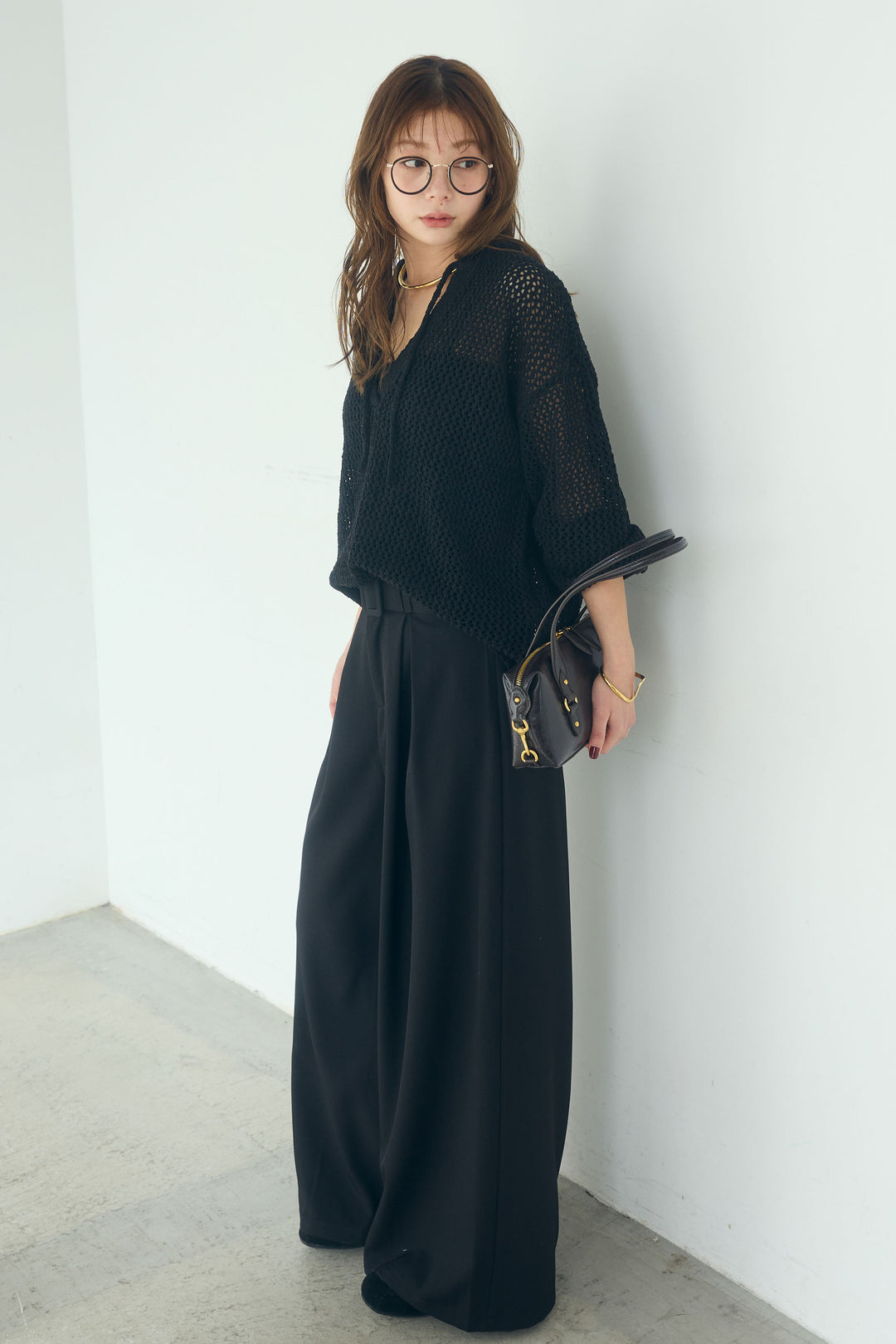 【即納】ミックスメッシュキーネックプルオーバー