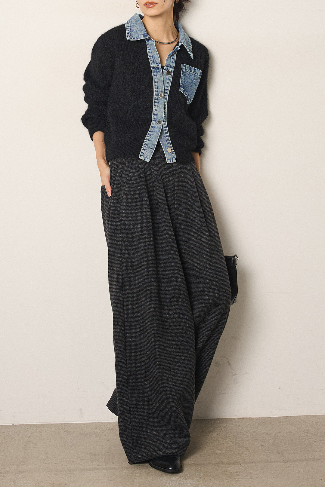 [SET]襟付きデニム切替ニットカーディガン+起毛タック入りツイードワイドパンツ(2set)