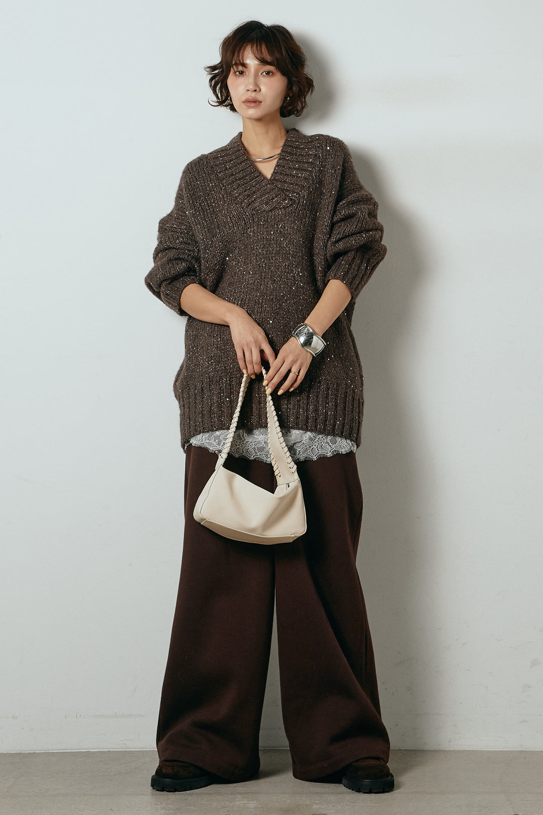 [SET]Vネックラメニットトップス+裏起毛スウェットワイドパンツ(2set)