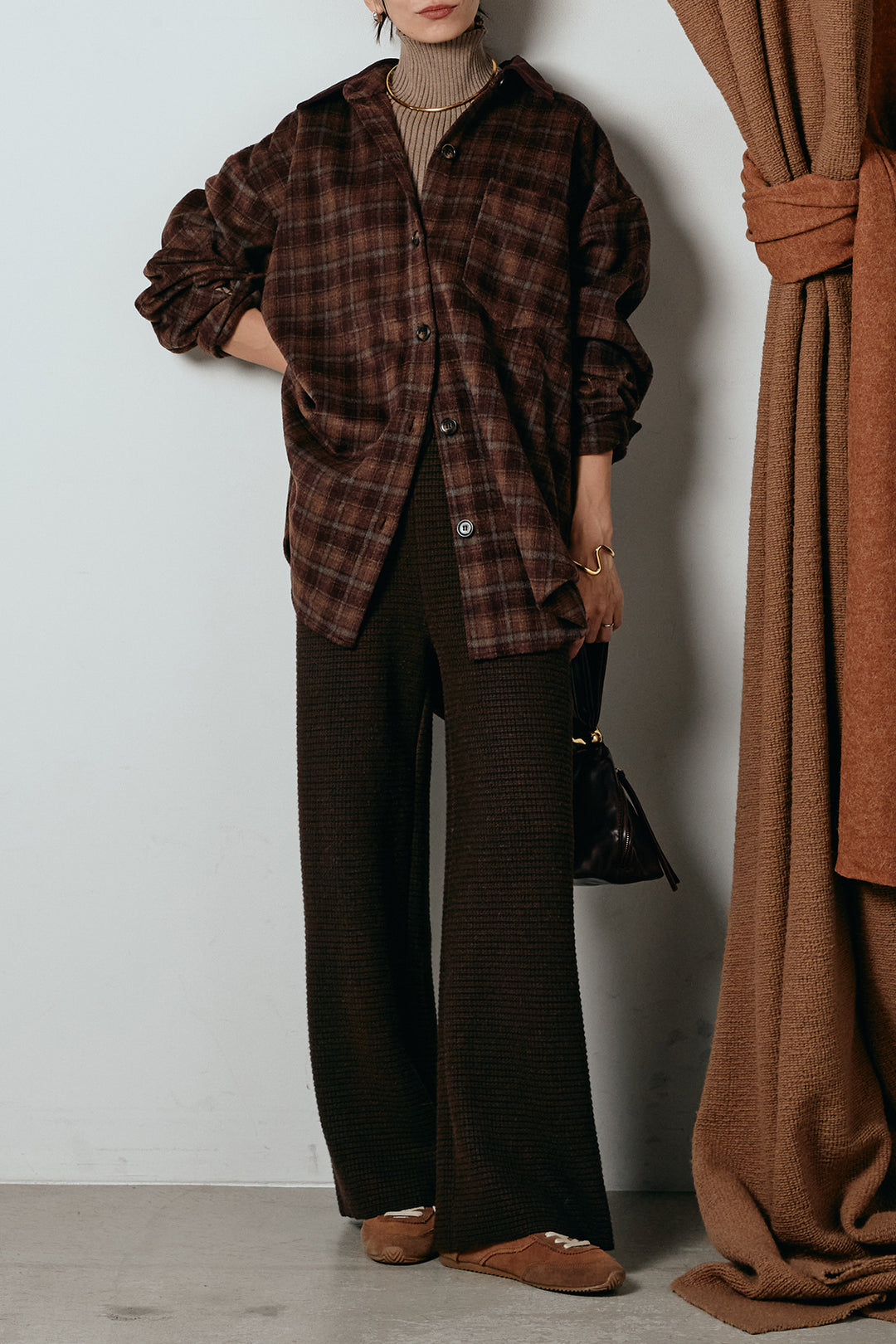 [SET]シャギーチェックシャツジャケット+ワイドリブニットイージーパンツ+リブニットシームレスタートルプルオーバー(3set)