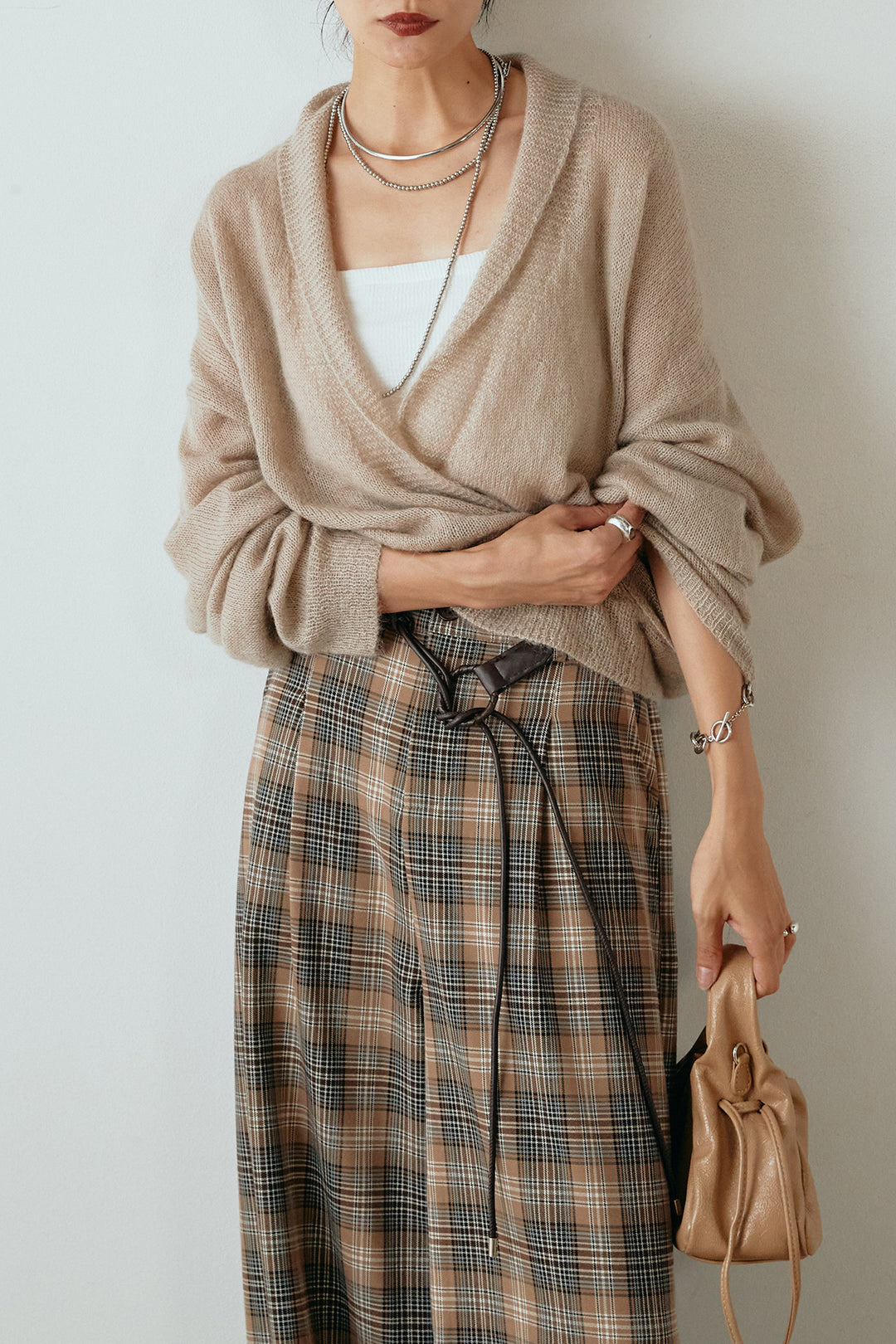 [SET]カシュクールデザインニット+編みベルト付きタータンチェックワイドパンツ(2set)