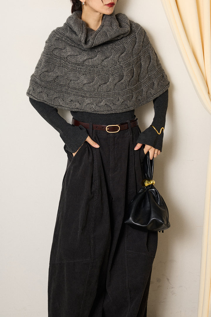 [SET]ケーブル編みケープレイヤードニット+タック入りコーデュロイワイドパンツ(2set)