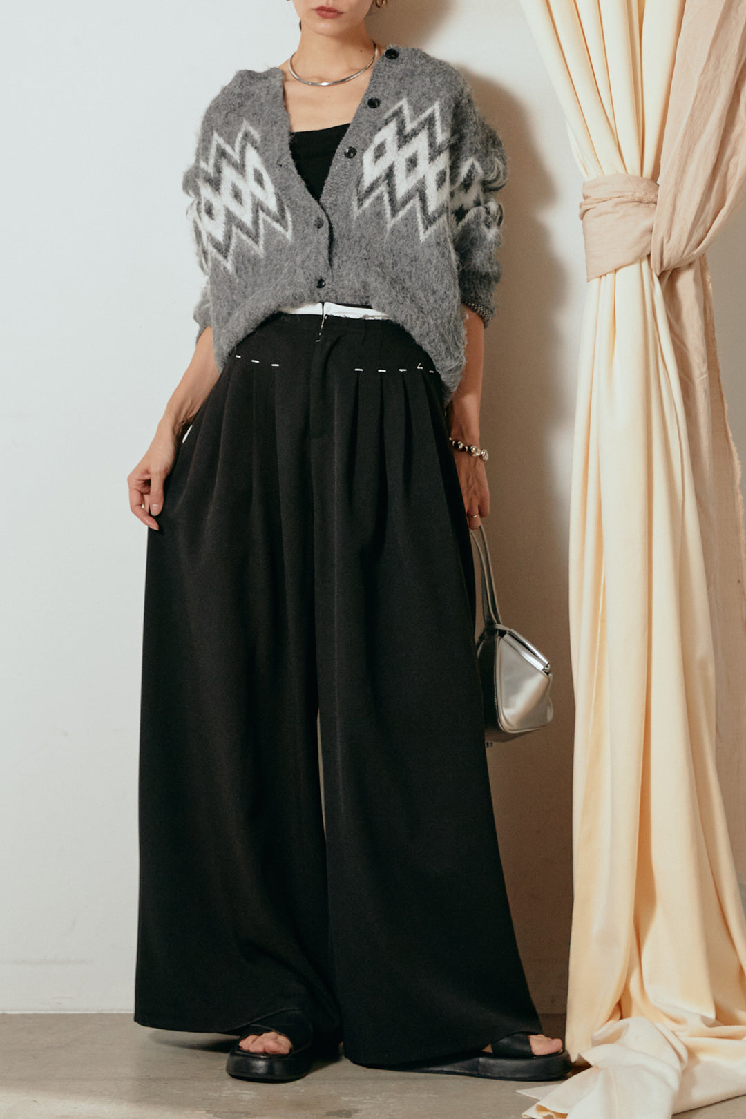 [SET]起毛ノルディック柄ニットカーディガン+ウエストステッチデザインワイドスラックス(2set)
