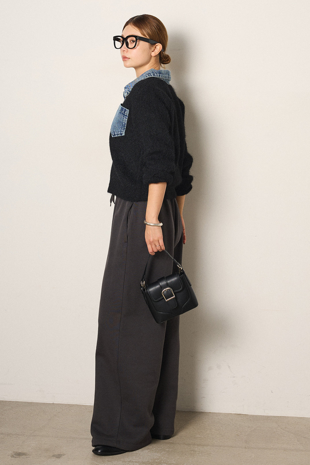 [SET]襟付きデニム切替ニットカーディガン+裏起毛スウェットワイドパンツ(2set)