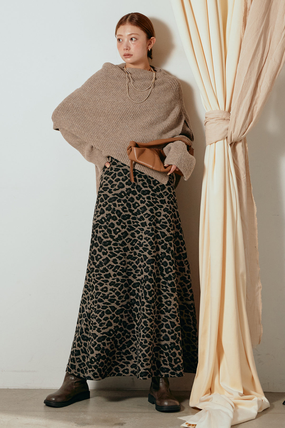 [SET]ケープデザインリブニットトップス+レオパードロングスカート(2set)