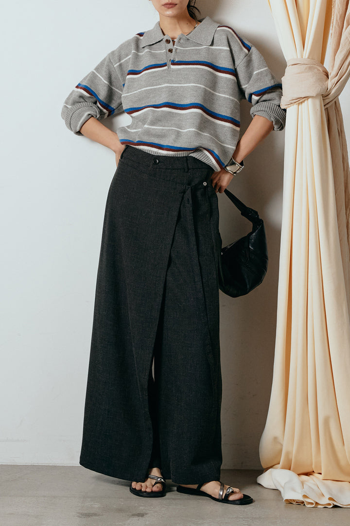 [SET]襟付きマルチボーダーニットポロトップス+ラップ巻きワイドスラックス(2set)