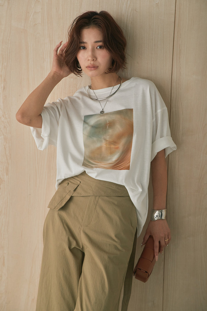 [SET]MarbleプリントTシャツ+ポケットベルト付きニーサイドタックパンツ(2set)