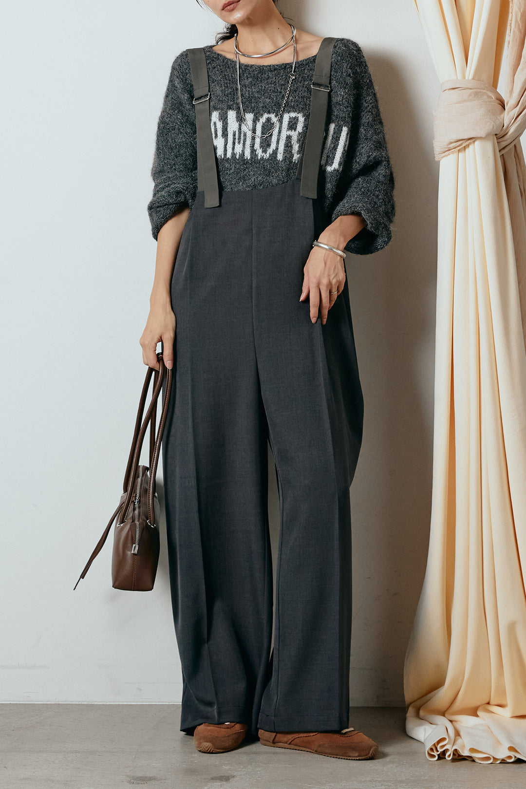 [SET]フロントロゴデザインニットトップス+ワイドツイルサロペット(2set)