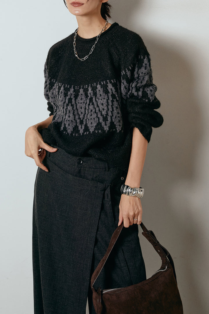 [SET]モノトーン柄ニットトップス+ラップ巻きワイドスラックス(2set)