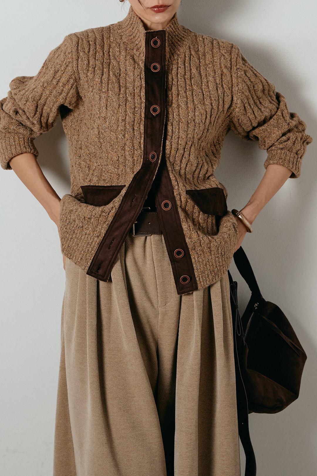 [SET]ボトルネックケーブルニットカーディガン+ベルトループコーデュロイワイドパンツ(2set)