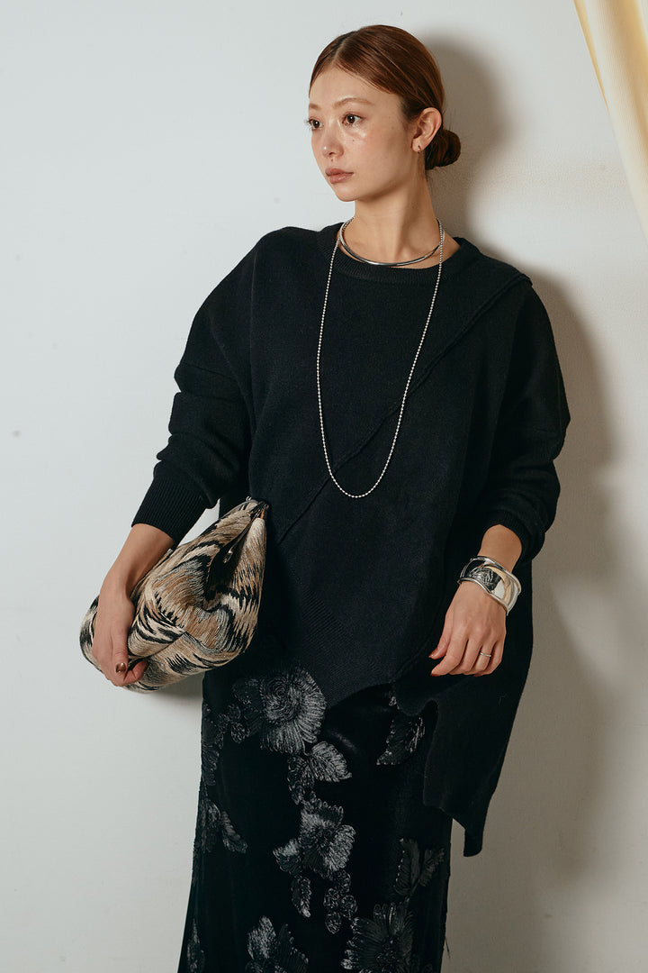 [SET]アシンメトリーデザインニットトップス+フラワー刺繍ワイドスカート(2set)