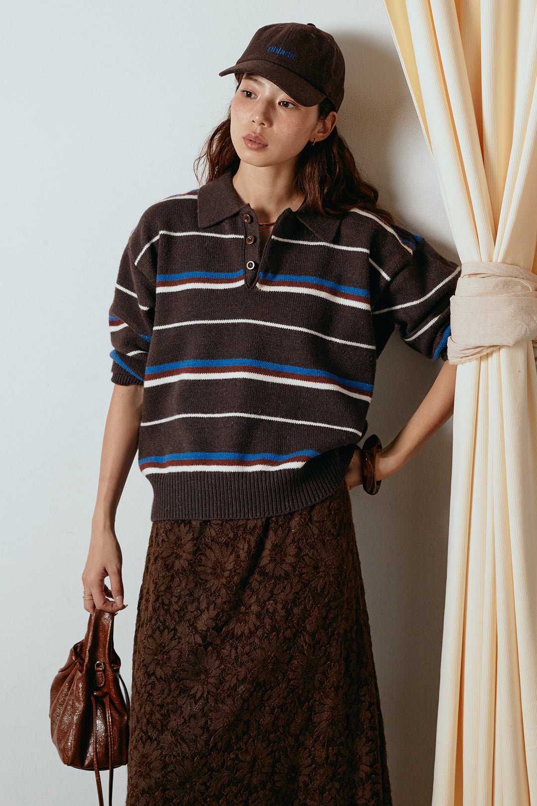 [SET]襟付きマルチボーダーニットポロトップス+花柄刺繍ベロアフレアスカート(2set)