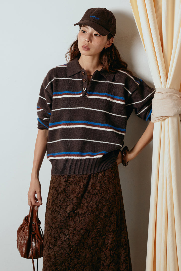 [SET]襟付きマルチボーダーニットポロトップス+花柄刺繍ベロアフレアスカート(2set)