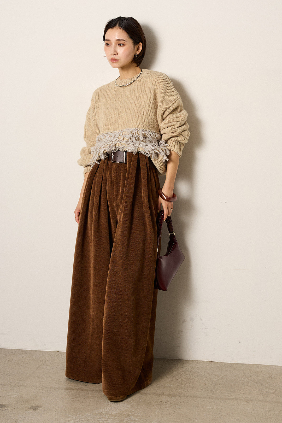 [SET]ループ編み切り替えニットプルオーバー+ベルトループコーデュロイワイドパンツ(2set)