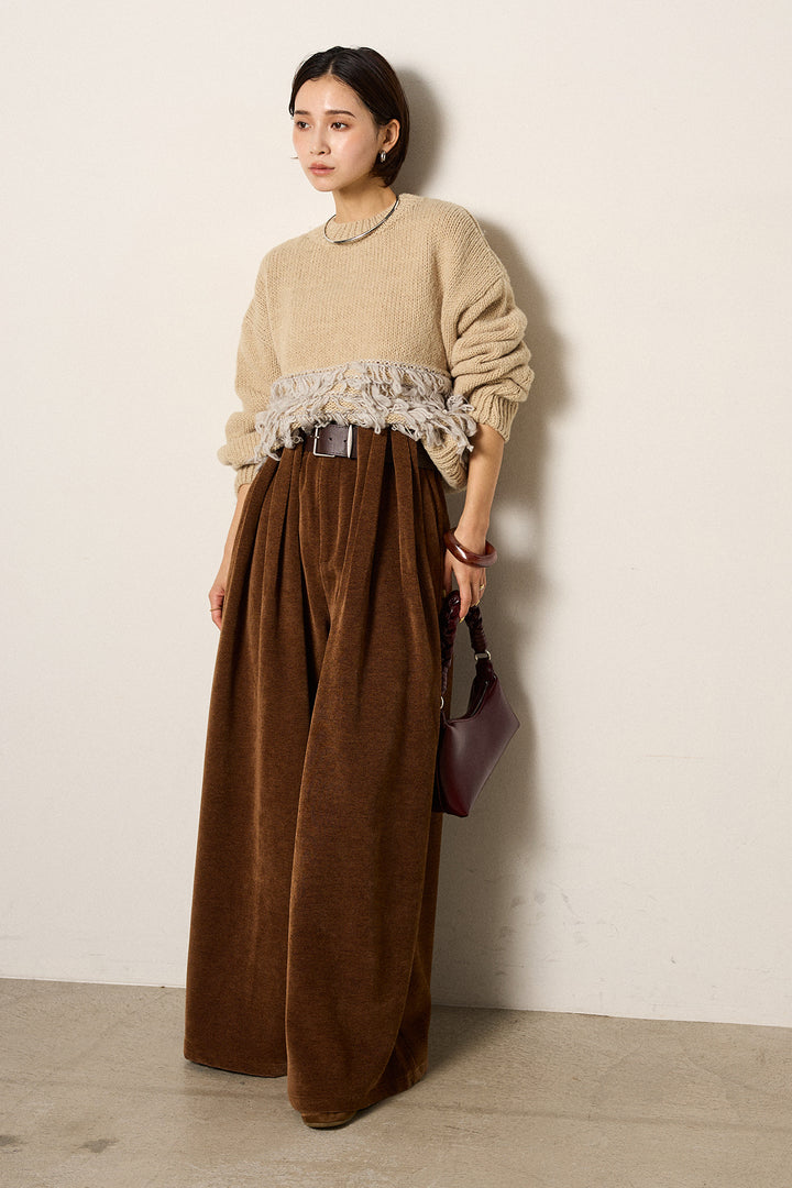 [SET]ループ編み切り替えニットプルオーバー+ベルトループコーデュロイワイドパンツ(2set)