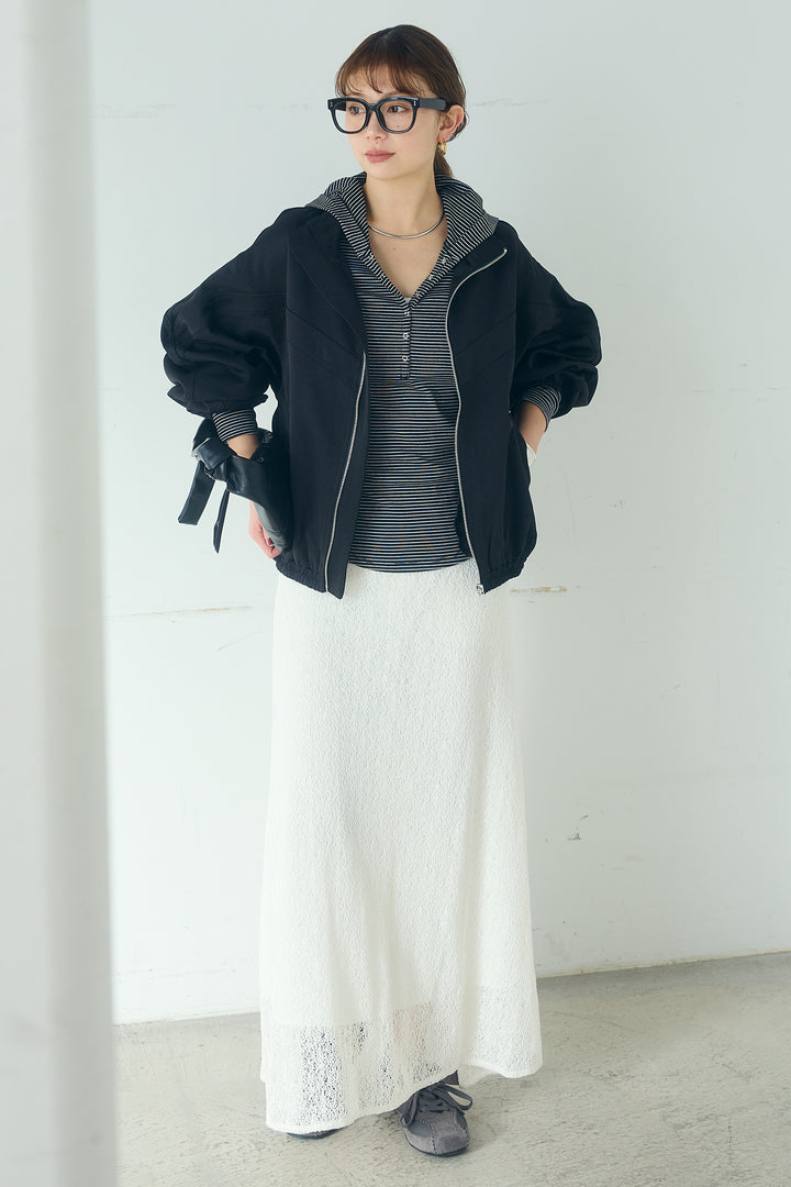 [SET]マルチ切り替えドルマンブルゾン+メッシュ刺繍ロングスカート+ボーダーフーディーロンT(3set)