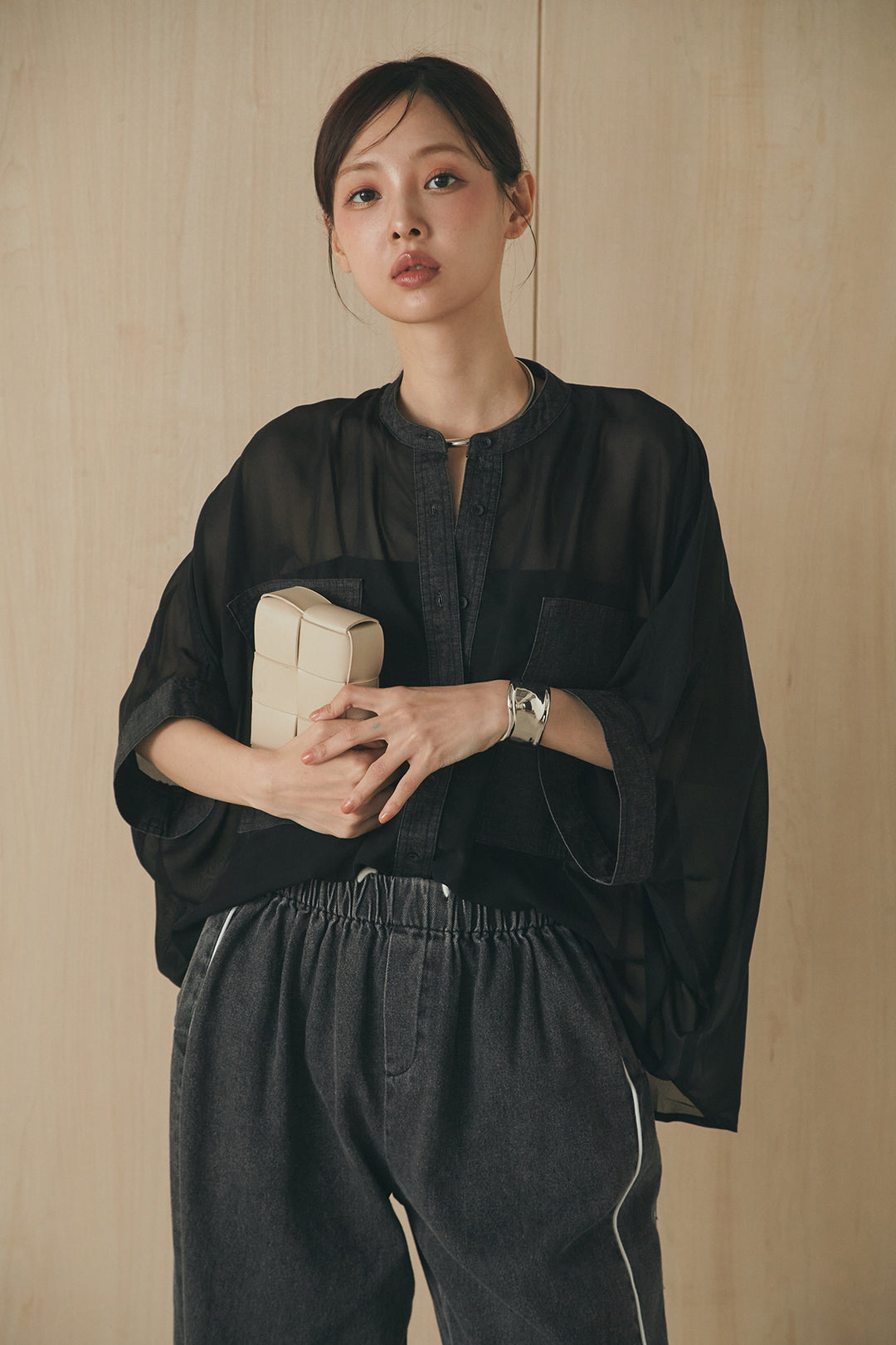 [SET]デニムライクビッグツーポケシアーシャツ+ドロストサイドラインデニムパンツ(2set)