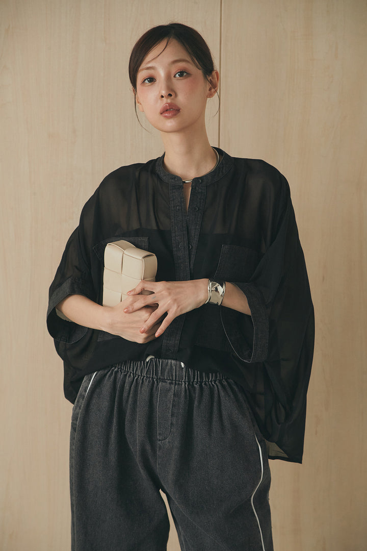 [SET]デニムライクビッグツーポケシアーシャツ+ドロストサイドラインデニムパンツ(2set)